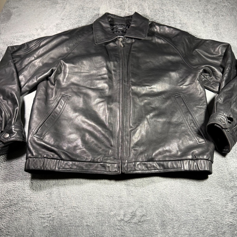 Claiborne Mens Black Genuine Leather Bomber Jacket Quilted Lining Large L